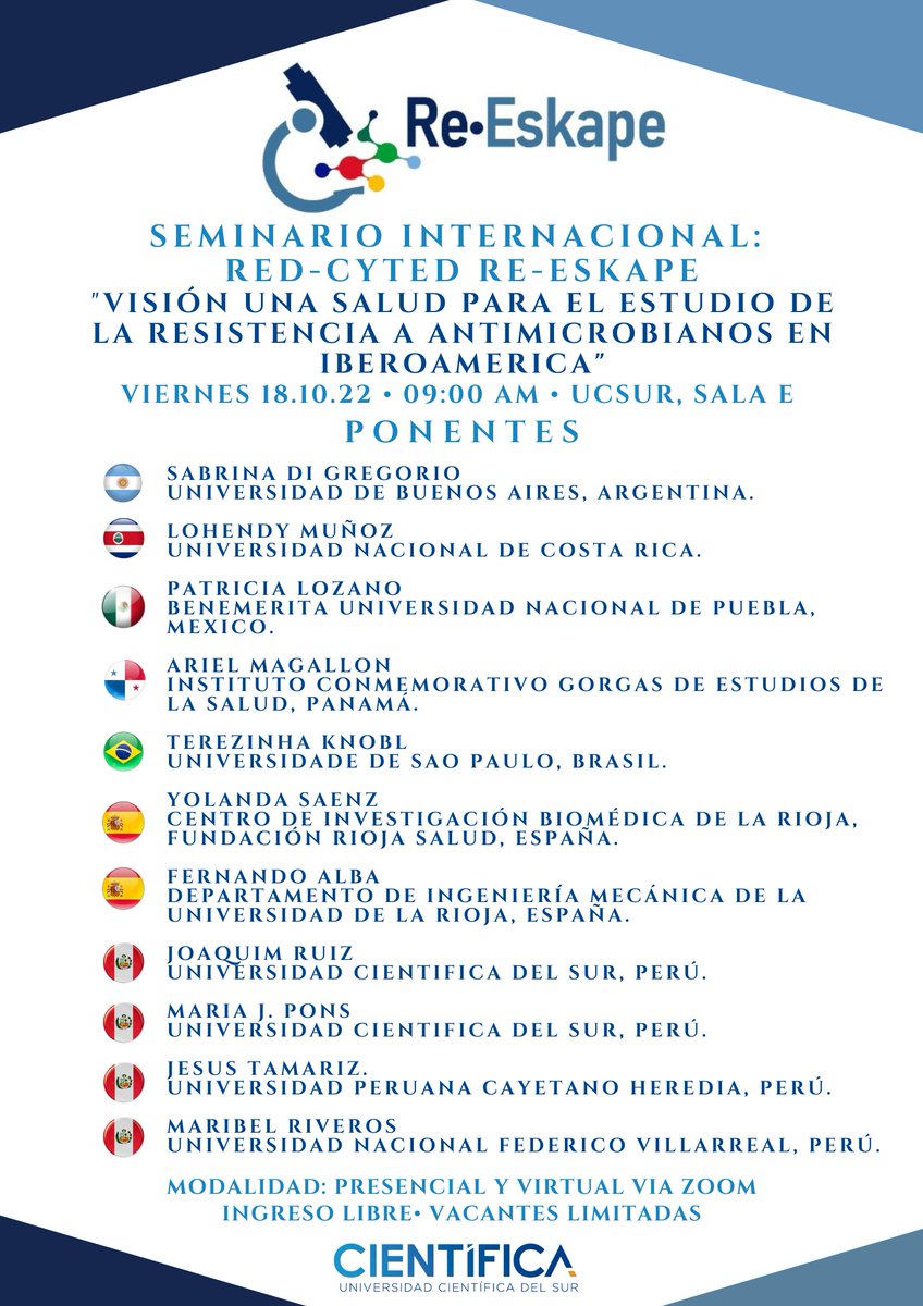 El próximo viernes participaré del Seminario Internacional de la RED-CYTED RE-ESKAPE. Los esperamos a partir de la 9:00 am (hora de Perú)!
Ficha de inscripción: bit.ly/3UCeiqS
Programa: bit.ly/3GjuuJ4
#AMR  #OneHealth  #WorldAntimicrobialAwarenessWeek