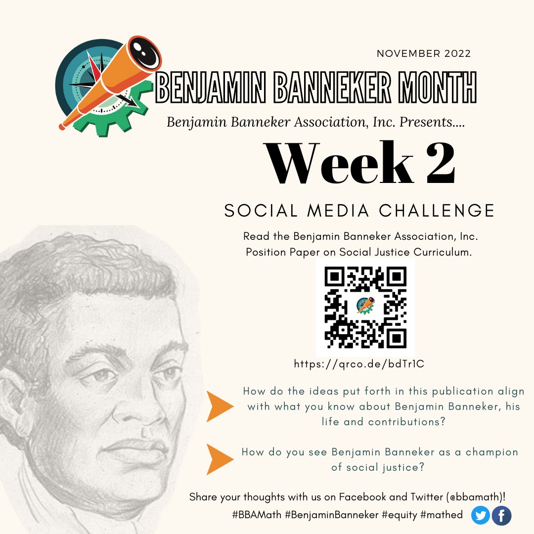 We’re back with more! Join us in celebration by participating in the BBA social media Banneker Challenges! To access the reading, scan the QR code or search the link. We look forward to hearing your thoughts! #BBAMath #BenjaminBanneker #Equity #Mathed