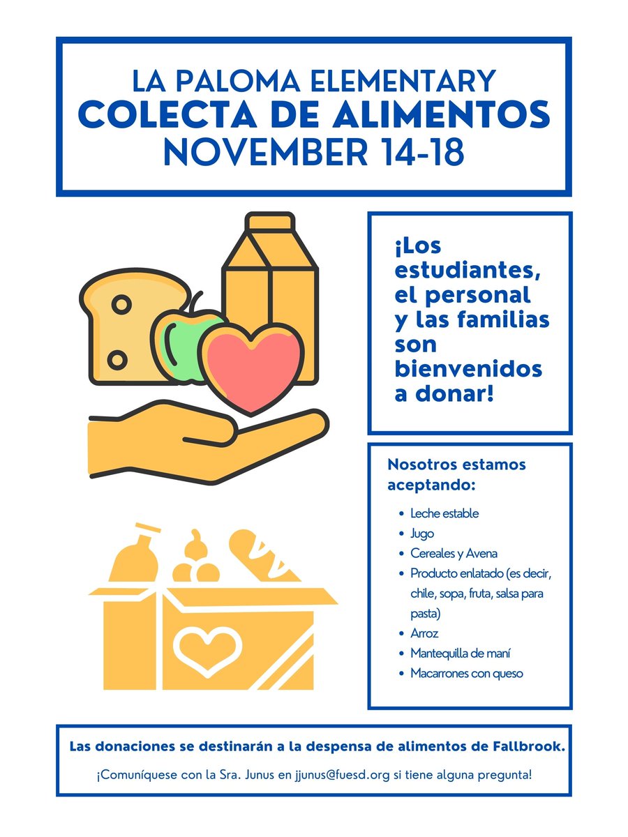 Our Student Community Service Team is hosting the La Paloma Canned food drive. See the flyer for more information...Nuestro Equipo de Servicio Comunitario Estudiantil está organizando la colecta de alimentos  esta semana. Consulte el folleto para obtener más información.