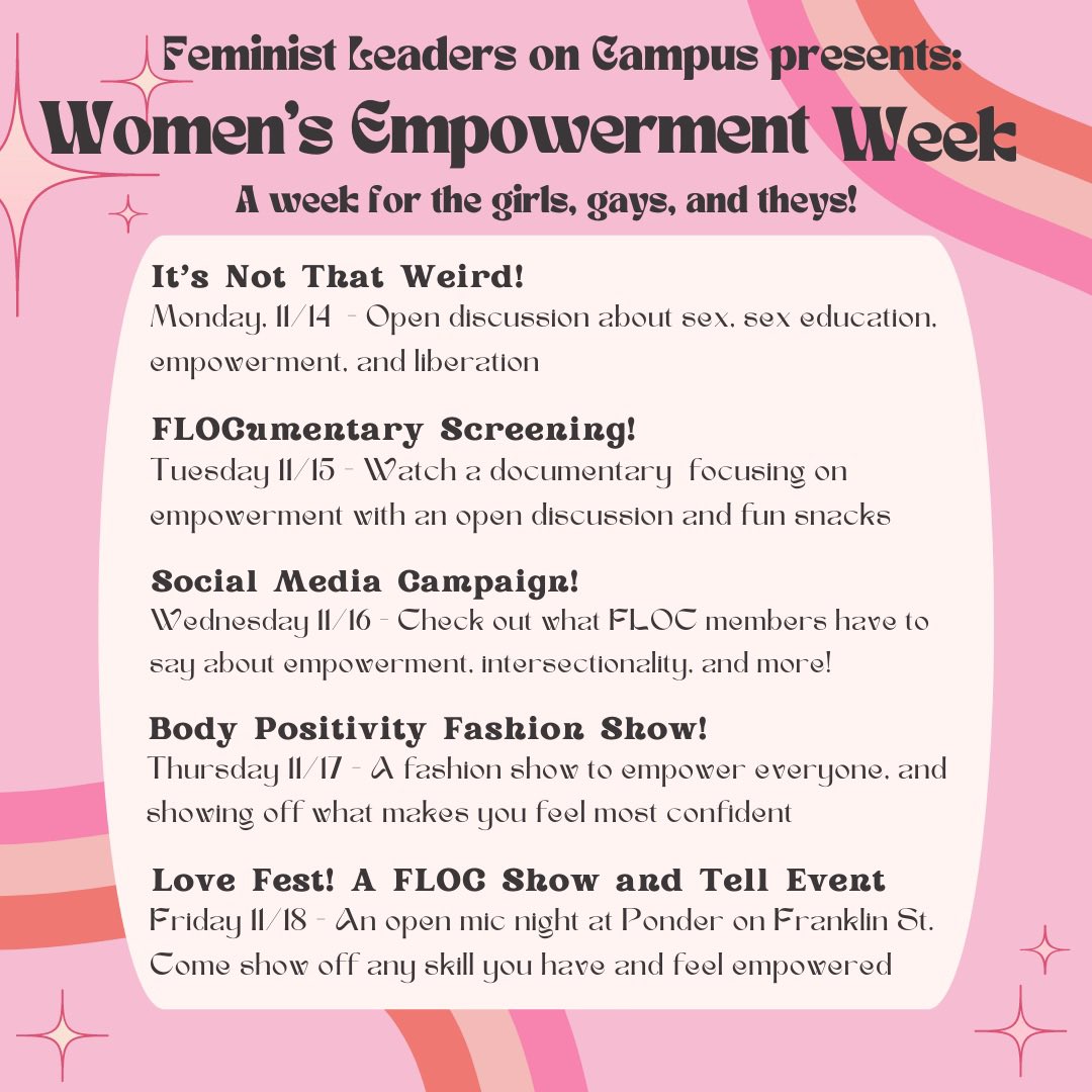 FLOC_CMU's tweet photo. Women’s Empowerment Week is kicking off today with our It’s Not That Weird event! Check out what this week had to offer and come celebrate empowerment 🤩 https://t.co/MUNGfqb7KA