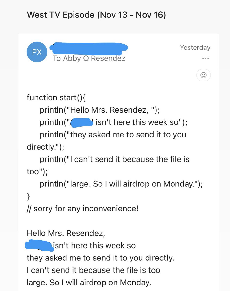 CoachRezCMSW's tweet photo. My coding kids love to write me letters &amp; emails in code-form for whatever reason😂 and it’s always when the letter has nothing to do with coding🙈😂 

@CMSWestWrangler @CoppellSTEM https://t.co/CITya08Y2R