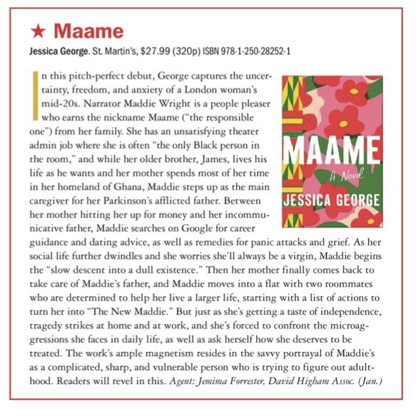 COVER STAR 🤩 Debut author @JessGeorge_ is on the FRONT COVER of @PublishersWkly—with a glorious starred and boxed review inside—and I couldn’t be prouder. Get ready to meet MAAME and fall head over heels in love. Coming 1/31/23! cc: @StMartinsPress @MBrowerLit @jemimaforrester