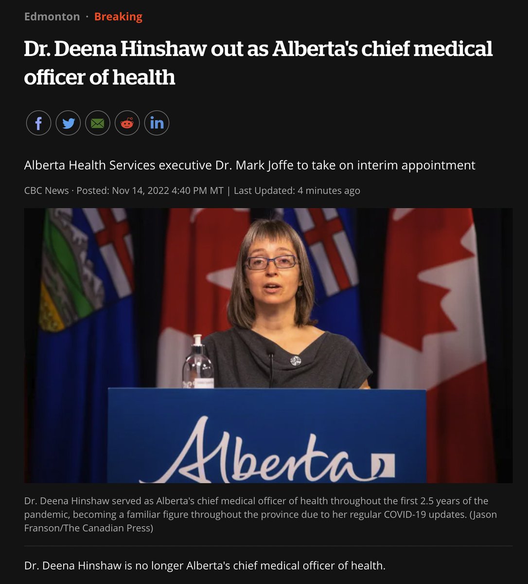 Breaking: Deena Hinshaw has been ousted as Alberta Chief Medical Officer of Health.

She was terrible and will not be missed.