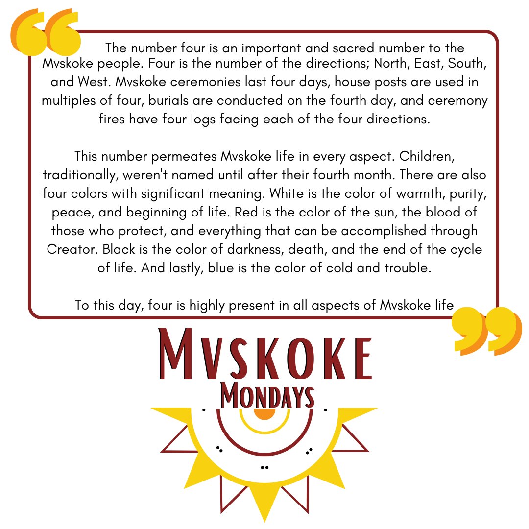 It's time for another Mvskoke Monday! This month, we talk about some past cultural concepts that we've discussed in the past to refresh your knowledge and celebrate Native American Heritage Month! Today is about the number 4 and it's importance to our people #MvskokeMonday