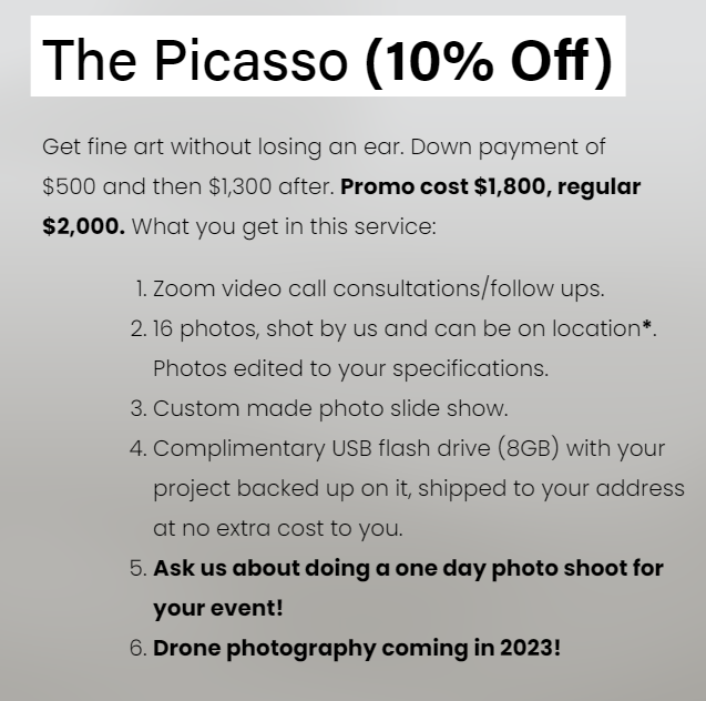 Featured Service: The Picasso Photo Package 📸

Perfect for events or for when you need just high quality photos for your business or creative projects. Images edited to your specifications and shot by us! 

#team 
#quality
#events
#businesstips
#creativeprocess
#business