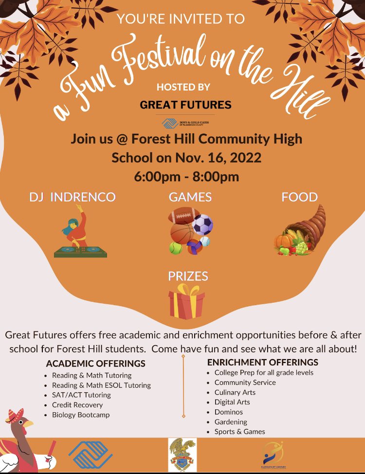 FHHS Students, Parents, &amp; Faculty: Great Futures with <a href="/bgc_pbc/">Boys Girls Clubs PBC</a> invites you to come have fun at the Fall Festival on The Hill this Wednesday, 11/16 at 6PM. Find out more about GF &amp; enjoy a live DJ, games, food and more!! <a href="/FHHS_Guidance/">ForestHill_Guidance</a> <a href="/FHH_FalconFury/">FHCHS</a> <a href="/MichaelAronson2/">Michael Aronson</a>