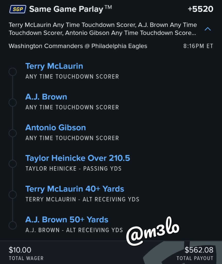 m3lorama's tweet photo. Tonight's #MNF #WASvsPHI sgp!
Like, if you're tailing 🤞🏽
#nflpicks #fdsportsbook #freeparlay #gamblingtwitter #anytimetouchdowns #nflbetting #nflweek10 https://t.co/JKwCwN8gD6