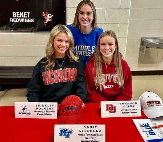 Congratulations to the following Benet girls soccer players who signed their National Letter of Intent to play D1 college soccer next year!

⚽️Shannon Clark (University of Denver)

⚽️Brinkley Douglas (University of Richmond)

⚽️Sadie Sterbenz (Middle Tennessee State University)