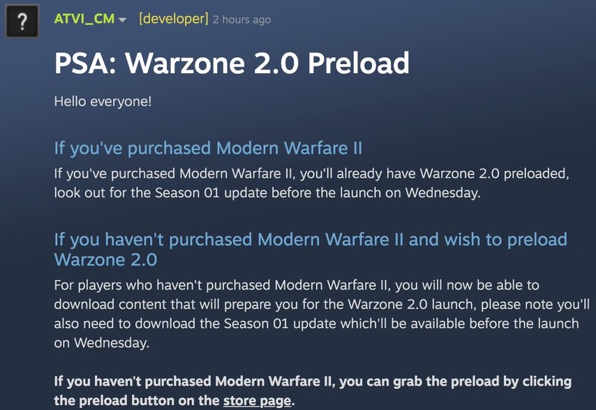 Warzone 2.0 pre-load showing up in Modern Warfare 2 on Steam