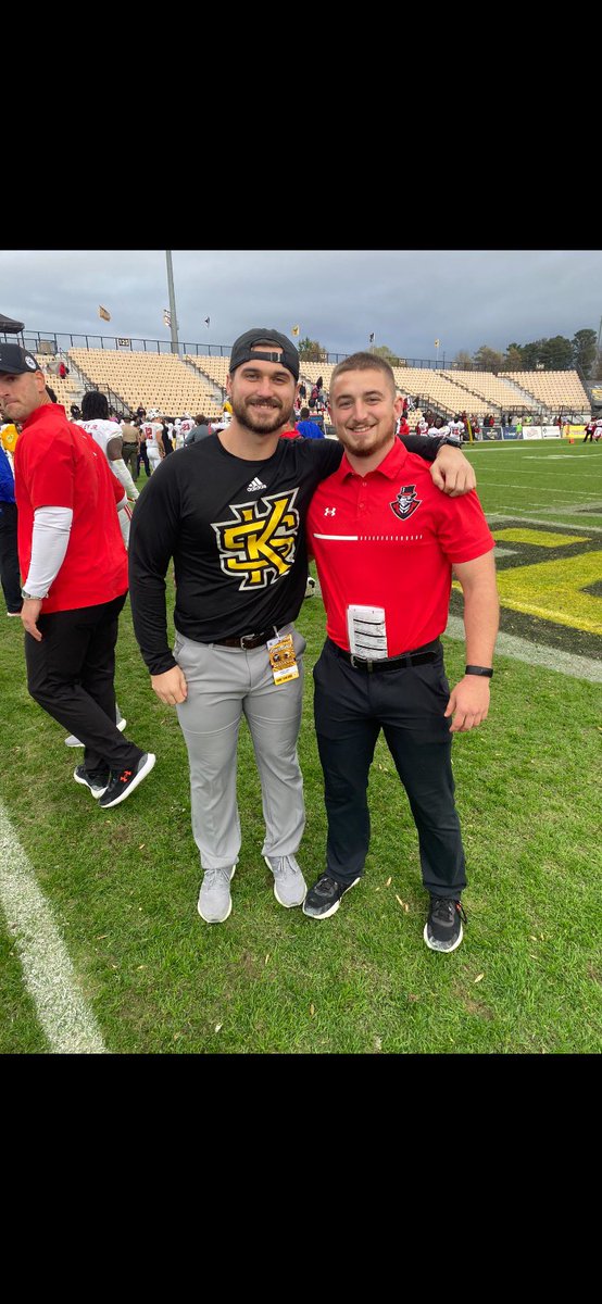 ONUSCEd's tweet photo. I was excited to get this photo of  @ohionorthern alumni @PlankLandon &amp; @johnruppjr who are working towards their graduate degrees as STRC graduate assistants with @GovsFootball &amp; @kennesawstfb respectively.  They were able to reunite at the game recently!  #CHEFnotacook https://t.co/8D9ymFP25r