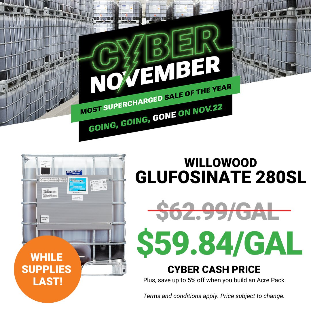 FBNFarmers's tweet photo. Get Willowood Glufosinate, the active ingredient in Liberty® Herbicide, for $59.84/gallon (previously $62.99/gallon) Cyber cash pricing on https://t.co/ybzfuINcYE for a limited time. While supplies last. Price subject to change. Terms &amp; conditions apply. https://t.co/slmsVTMUTj https://t.co/MKZ6pTc69g