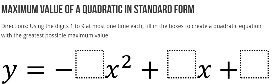 robertkaplinsky's tweet photo. Here's a challenging @openmiddle problem to help students develop conceptual understanding of quadratics in standard form: https://t.co/KP9ldC5XEB #iteachmath https://t.co/0BmI93TtgT