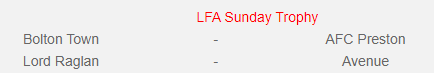 We wish the best of luck two of our div1 clubs <a href="/avenue_football/">Avenue Football Club</a> &amp; <a href="/Boltontownfc/">Bolton Town FC</a> in the next round of the LAF Sunday Trophy! Go and smash it lads!!!!