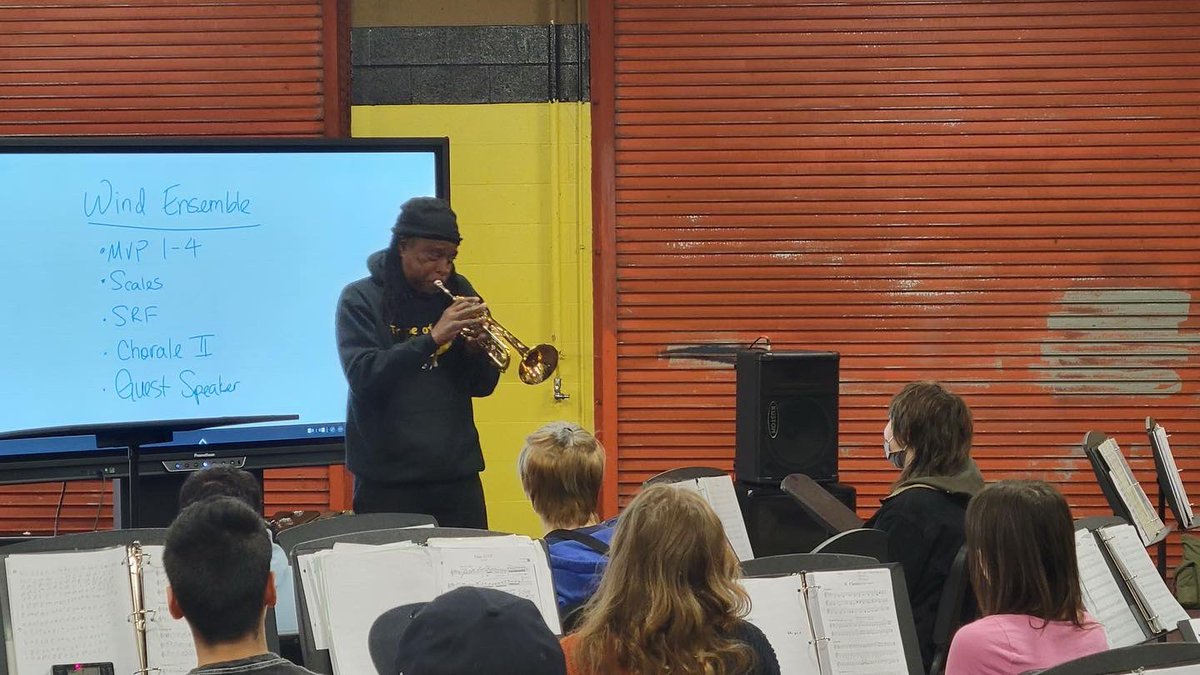 FriendsofNSA's tweet image. Hannibal Lokumbe visited NSA band students today. His opera “The Jonah People: A Legacy of Struggle and Triumph,” premieres with the @nashvillesymph on April 13-16, 2023. NSA students enjoyed hearing his story and the evolution of this monumental opera!!