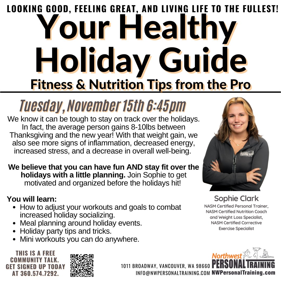 nwptraining's tweet image. Click the link for info on Sophies Healthy Holiday Guide talk, Sherri's fitness tips, upcoming events, and more! 

#NWPTSTRONG

conta.cc/3DZ1seZ
conta.cc/3AgWyZU