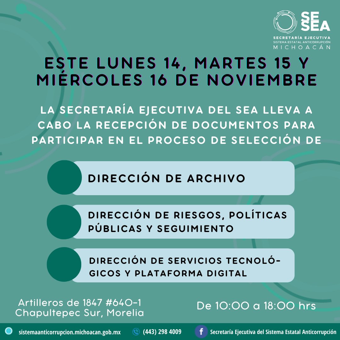 SESEAMichoacan's tweet photo. #NotiSEA
Para todas las personas que realizaron su pre registro en línea para participar en las convocatorias a cargos directivos de la #SESEA, ya se está recibiendo la documentación correspondiente.

¡No te quedes fuera!
https://t.co/nZzG2w1qgx...

#ConvocatoriasSESEA https://t.co/KjOvmAXafk