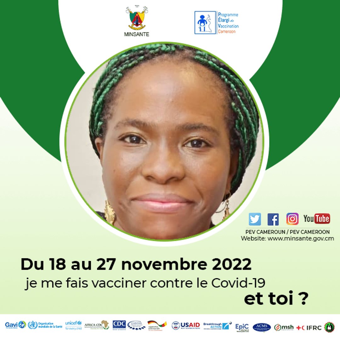 La 5e campagne de vaccination contre le Covid-19 se déroulera au Cameroun du 18 au 27 novembre 2022 sur toute l'étendue du territoire camerounais.
Ce sera l'occasion pour moi de prendre une dose de rappel un an après.
#EndCovid22
#StopCovid237
#EndCovid237