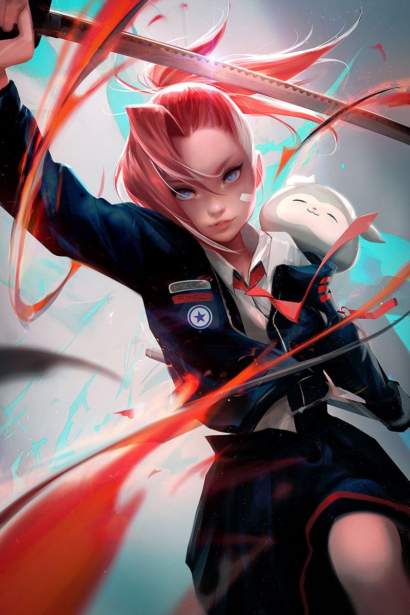 1girl sword weapon blue eyes necktie red hair skirt  illustration images