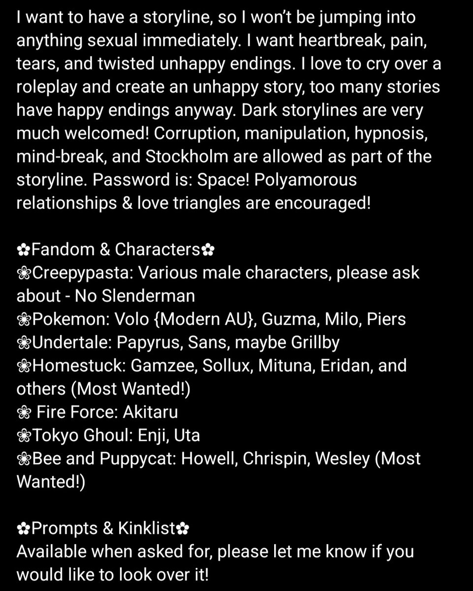 KayKastellanos's tweet photo. Looking for Novella roleplay partners for Discord. Please read the details in the images below! #lewdroleplay #novellaroleplay #nsfwrp🌸 #nsfwroleplay #nsfwrp #smut #smutrp #smutroleplay #openrp #Fandomrp #Fandomroleplay #homestuckrp https://t.co/HA8U5C5VVS