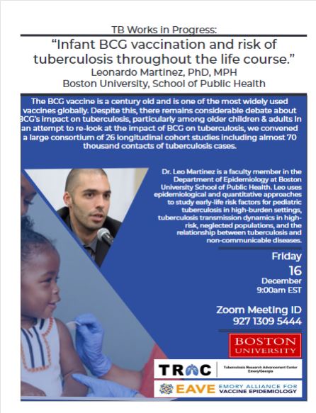EmoryEAVE (@emoryeave) on Twitter photo Save the date for an upcoming virtual seminar hosted jointly by <a href="/Emory_TB_Center/">Emory/Georgia TB Research Advancement Center-TRAC</a> and <a href="/EmoryEAVE/">EmoryEAVE</a> <a href="/EmoryRollins/">Emory Public Health</a> Dr. Leonardo Martinez <a href="/BU_Tweets/">Boston University</a>
is speaking about infant BCG #vaccination and risk of tuberculosis through the life course. RSVP for the event emoryeave.org/event/infant-b… Save the date for an upcoming virtual seminar hosted jointly by <a href="/Emory_TB_Center/">Emory/Georgia TB Research Advancement Center-TRAC</a> and <a href="/EmoryEAVE/">EmoryEAVE</a> <a href="/EmoryRollins/">Emory Public Health</a> Dr. Leonardo Martinez <a href="/BU_Tweets/">Boston University</a>
is speaking about infant BCG #vaccination and risk of tuberculosis through the life course. RSVP for the event emoryeave.org/event/infant-b…