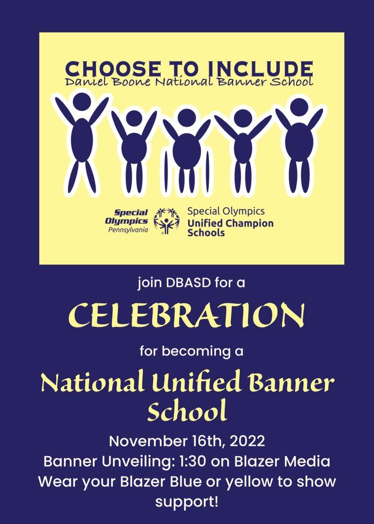 Choose To Include Celebration:  Wednesday, November 16th 

Wednesday is the big day!  Wear Blazer Blue or Yellow on Wednesday to support this awesome day! 

#DBBlazers
