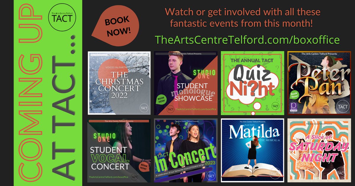 💚There are so many fantastic events coming up at TACT!

✨From full scale musical productions to festive quiz nights, you won't want to miss any of them so BOOK NOW to get involved via our website!

📲TheArtsCentreTelford.com/boxoffice