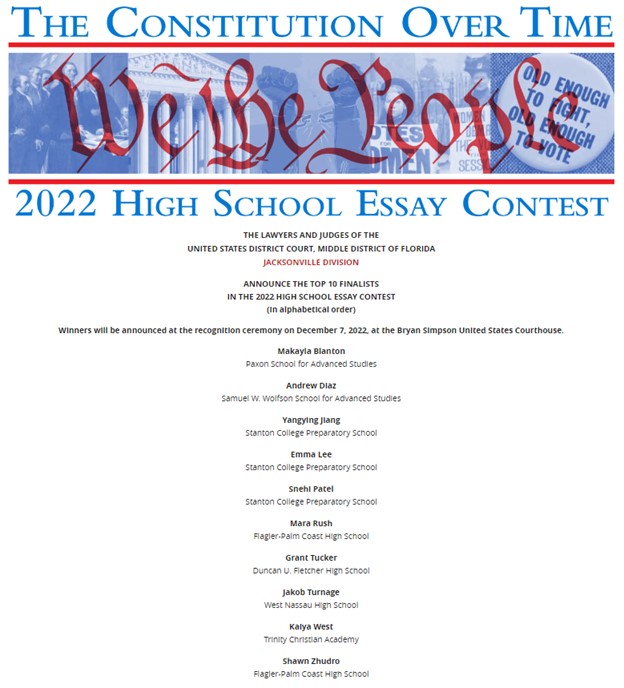 The top 10 finalists of the Jacksonville Division's 2022 High School Essay Contest have been announced. The winners be announced at a ceremony on December 7. <a href="/PaxonSASEagles/">Paxon SAS</a> @wolfsonhighschool <a href="/SCPproblems/">Stanton College Prep</a>  <a href="/FPCHS/">Flagler Palm Coast High School</a> <a href="/Fletcher2K19/">Fletcher High School</a> <a href="/WestNassau/">WestNassauHS</a> <a href="/TCAJAX/">Trinity Christian Academy</a> <a href="/uscourts/">United States Courts</a>
