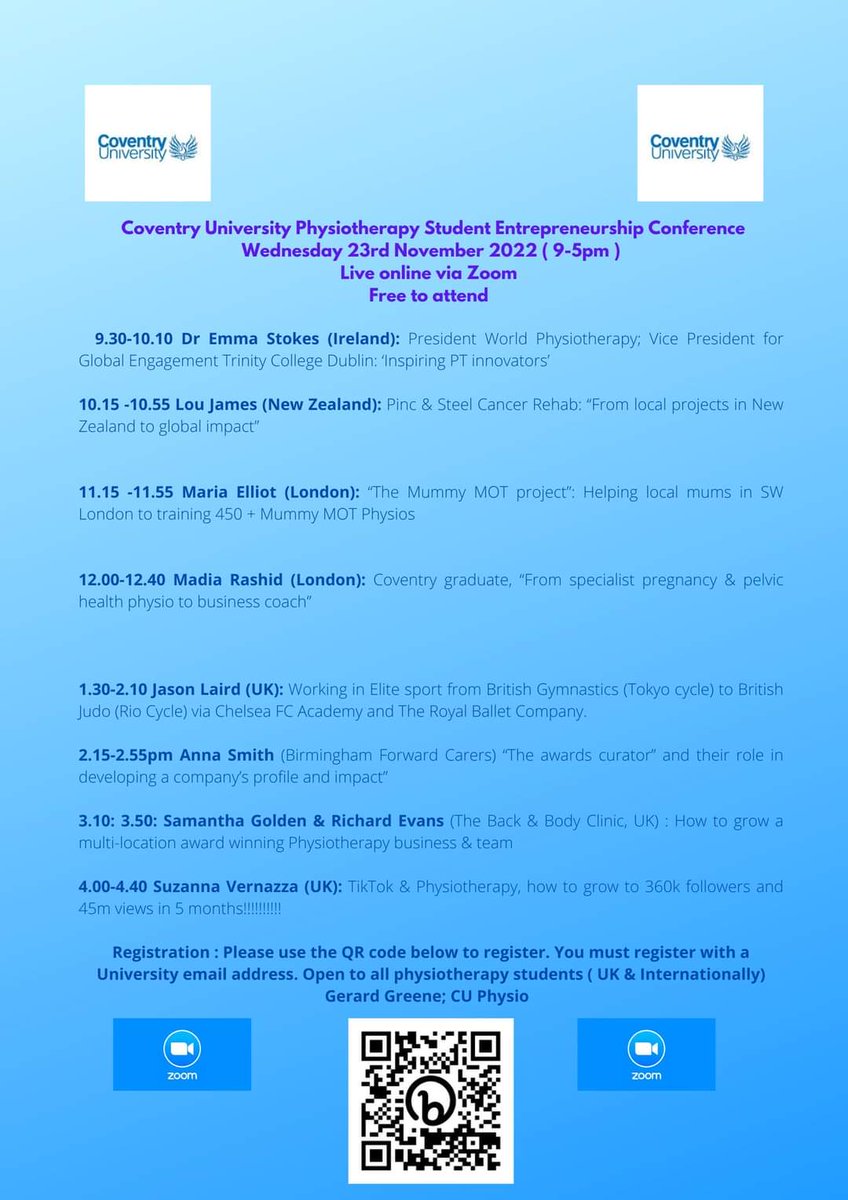 Coventry University Student Physiotherapy Entrepreneurship Confernce : Free to attend
Wednesday 23rd November 2022 ( 9-5pm) 
Would be fab if people shared.
<a href="/CUPhysios/">Coventry Uni Physios</a> <a href="/thecspstudents/">CSP Students</a>

eventbrite.com/e/coventry-uni…