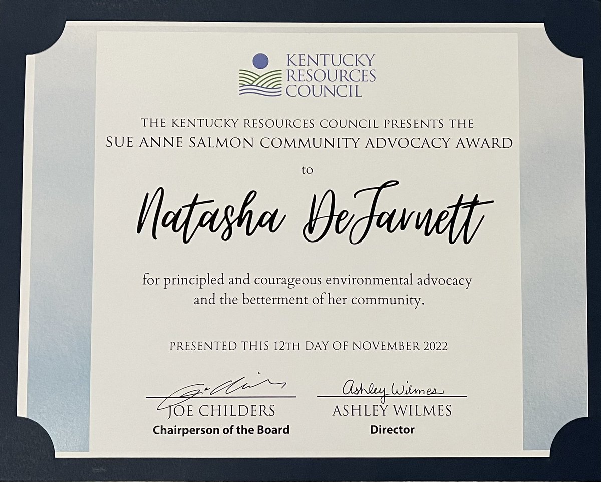 To say I am honored is an understatement, my heart is smiling with great joy to receive the Sue Anne Salmon Community Advocacy Award from <a href="/KyResources/">KY Resources Council</a>! Thank you for this amazing honor in the name of an inspiring environmental advocate. #EnvironmentalJustice #ClimateChangesHealth