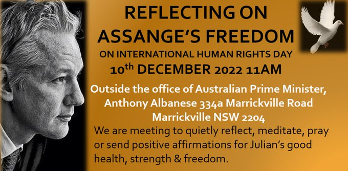 AssangeSydney's tweet photo. On Interational Human Rights Day, come along to quietly reflect, meditate, pray or send positive affirmations for Julian's good health, strength &amp; freedom. https://t.co/kwAKCue3gY