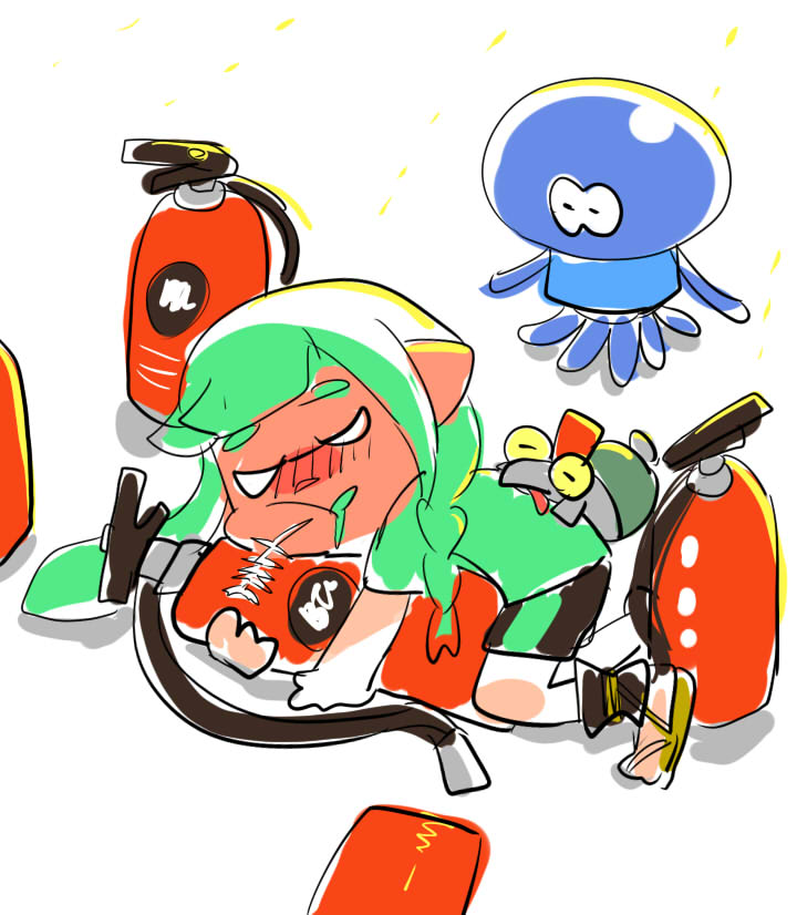 inkling ,inkling girl 1girl tentacle hair braid pointy ears green hair long hair shirt  illustration images