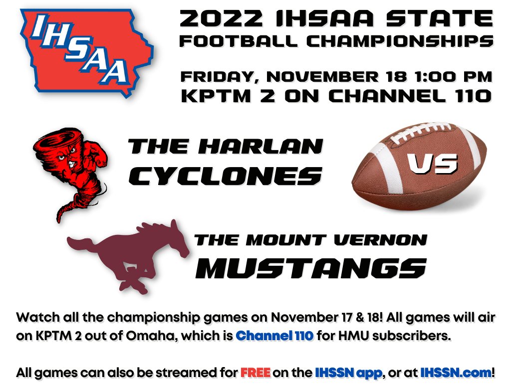 HMUHarlan's tweet photo. The Cyclones are going back to the Dome! Watch the 3A Championship game, Harlan vs Mount Vernon on Friday, November 18 at 1:00 PM! You can watch the game on Channel 110 on HMU cable, or stream live for free on https://t.co/Y7rO6UHPN8! https://t.co/GuTg5FED1M