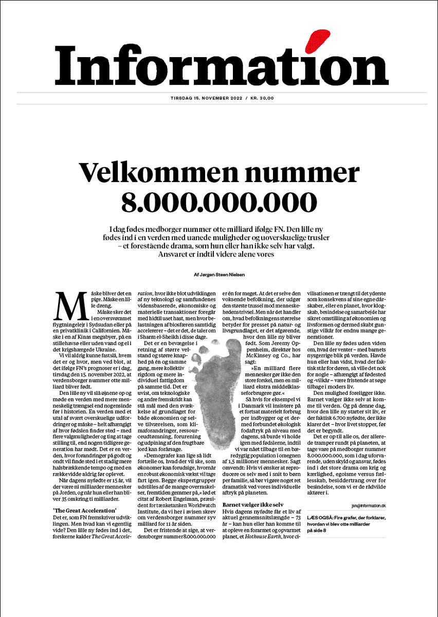 LabarcaDK's tweet image. Tirsdag fødes borger nr. 8 mia. ind i en verden med uanede muligheder og uoverskuelige trusler – et forestående drama, som hun eller han ikke selv har valgt. @LeneMunk har lavet en smuk forside. @jrgensteenniels har skrevet smukke ord #TomorrowsPapersToday @informeren