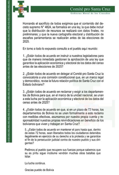 laderechadiario's tweet photo. 🇧🇴 | Crisis en Bolivia: En el Cabildo abierto más grande de la historia de Santa Cruz, los cruceños determinan continuar el paro indefinido mientras el Gobierno Central no llame a un censo, y no descartan la independencia del Estado boliviano. https://t.co/pLJwGTLI5Q