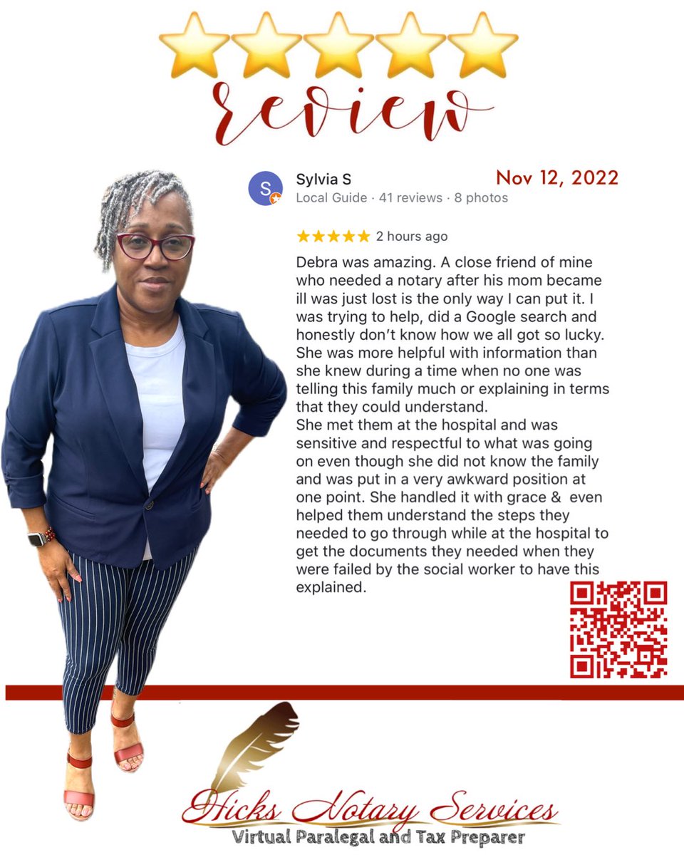 HicksNotaryVPS's tweet photo. Thank you!⭐️⭐️⭐️⭐️⭐️
#notarylife #notarypublic #mobilenotary #generalnotarywork #notarycloser #loansigningagent #i9verification #apostilleagent #courierservices #typist #docprep #legalsupportservices #paralegalservices #taxpreparation https://t.co/tfI0JMVorb