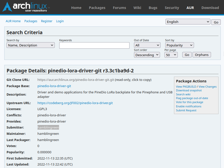 My #LoRa driver for the #PineDio USB adapter (and also the #Pinephone backplate) from <a href="/thepine64/">PINE64</a> is now available in #AUR thanks to a contribution from hamblingreen !

Link to AUR :  aur.archlinux.org/packages/pined…