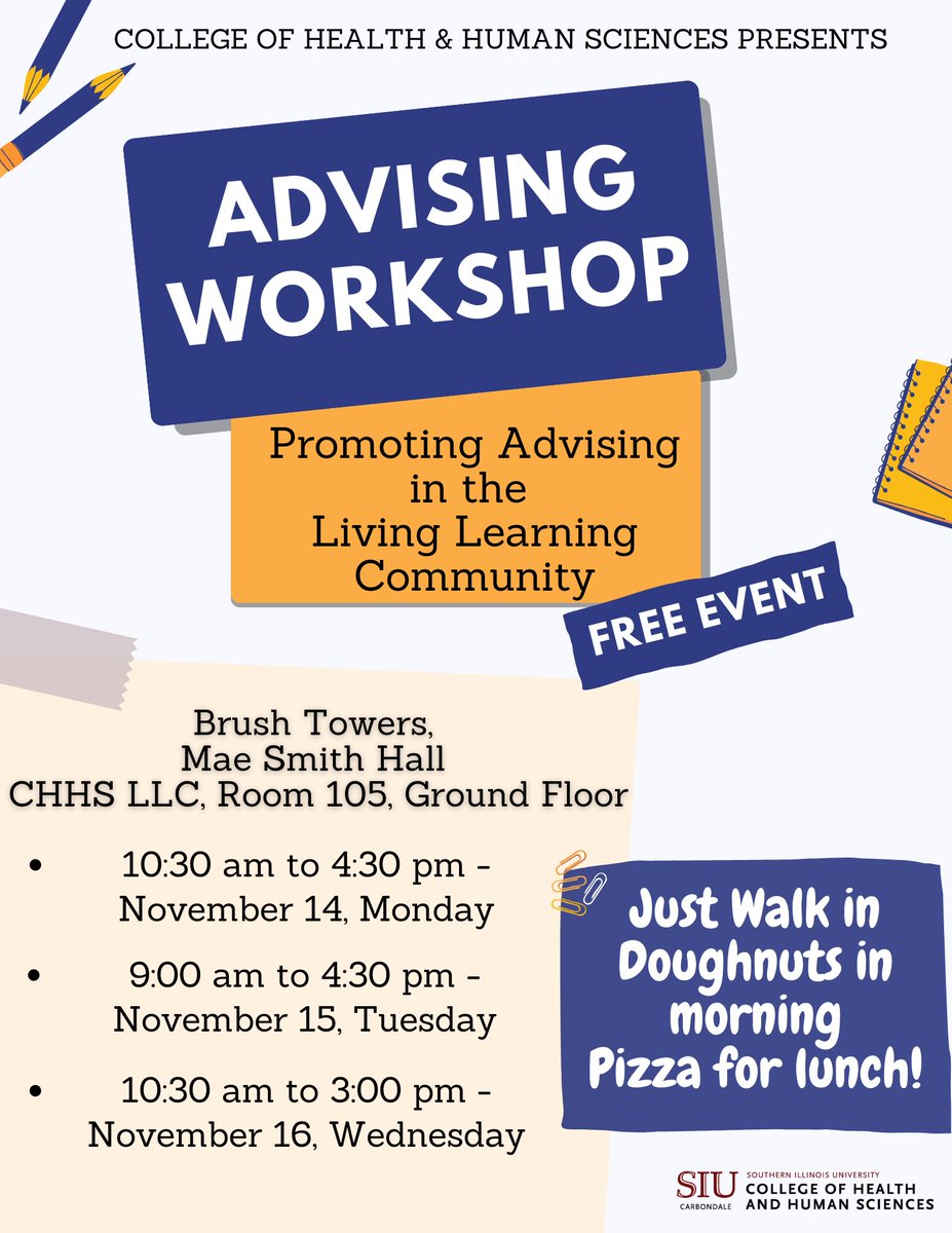 ADVISMENT – ONSITE:  MAE SMITH HALL, ROOM 105, BRUSH TOWERS:  Enroll for SPRING 2023

MONDAY (November 14, 2022):10:30am – 4:30pm

TUESDAY (November 15, 2022):9:00am – 4:30pm

WEDNESDAY (November 16, 2022:10:30am – 3:00pm

Free Donuts and Pizza onsite!

Stop by Room 105