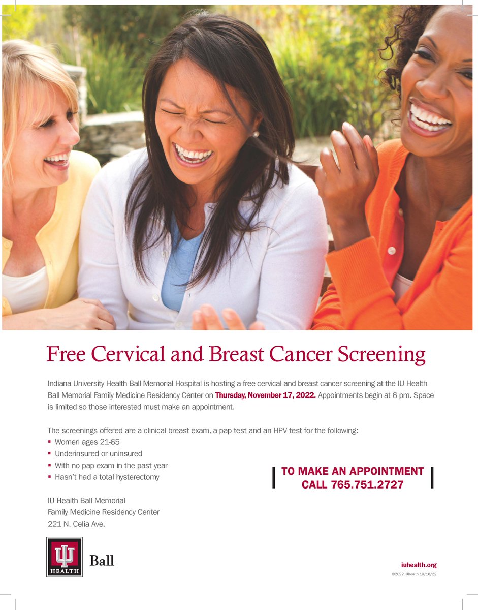 IU Health Ball is hosting a free cervical and breast cancer screening at the Family Medicine Residency Center on Thursday, November 17, 2022. Appointments begin at 6 pm. 

Register today at: reg.learningstream.com/reg/event_page…