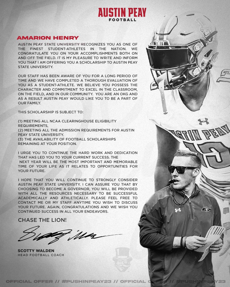 Amarion Henry (@amarionhenry04) on Twitter photo Blessed to receive an offer from <a href="/GovsFB/">Austin Peay Football</a>! @APSUCoachSW <a href="/CoachTKeller/">Tommie Keller</a> <a href="/CoachWesCope/">Wes Cope</a> <a href="/BHoward_11/">Brandon Howard</a> <a href="/CoachDuffey/">CoachDuffey</a> <a href="/2LiveCraig/">2LiveCraig</a> Blessed to receive an offer from <a href="/GovsFB/">Austin Peay Football</a>! @APSUCoachSW <a href="/CoachTKeller/">Tommie Keller</a> <a href="/CoachWesCope/">Wes Cope</a> <a href="/BHoward_11/">Brandon Howard</a> <a href="/CoachDuffey/">CoachDuffey</a> <a href="/2LiveCraig/">2LiveCraig</a>