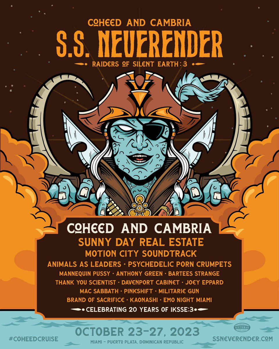The completed lineup for SS Neverender is here! 
Welcome aboard <a href="/MotionCityMusic/">Motion City Soundtrack</a>, <a href="/MacSabbath/">Mac Sabbath</a>, <a href="/pinkshiftmd/">pinkshift</a> and #EmoNightMiami
Final deadline to sign up for pre-sale is tonight at 11:59 EST tonight. ssneverender.com #coheedcruise