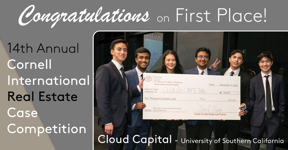 Congrats to team Cloud Capital from <a href="/USCMarshall/">USC Marshall School of Business</a> on 1st Place at the 14th Annual Cornell International Real Estate Case Competition, hosted by #CREF!

USC was represented by Nicholas Gaw, Connor Gill, Wen-Hsin Kuo, Moksh Rajput, and Rohan Sunkureddi.