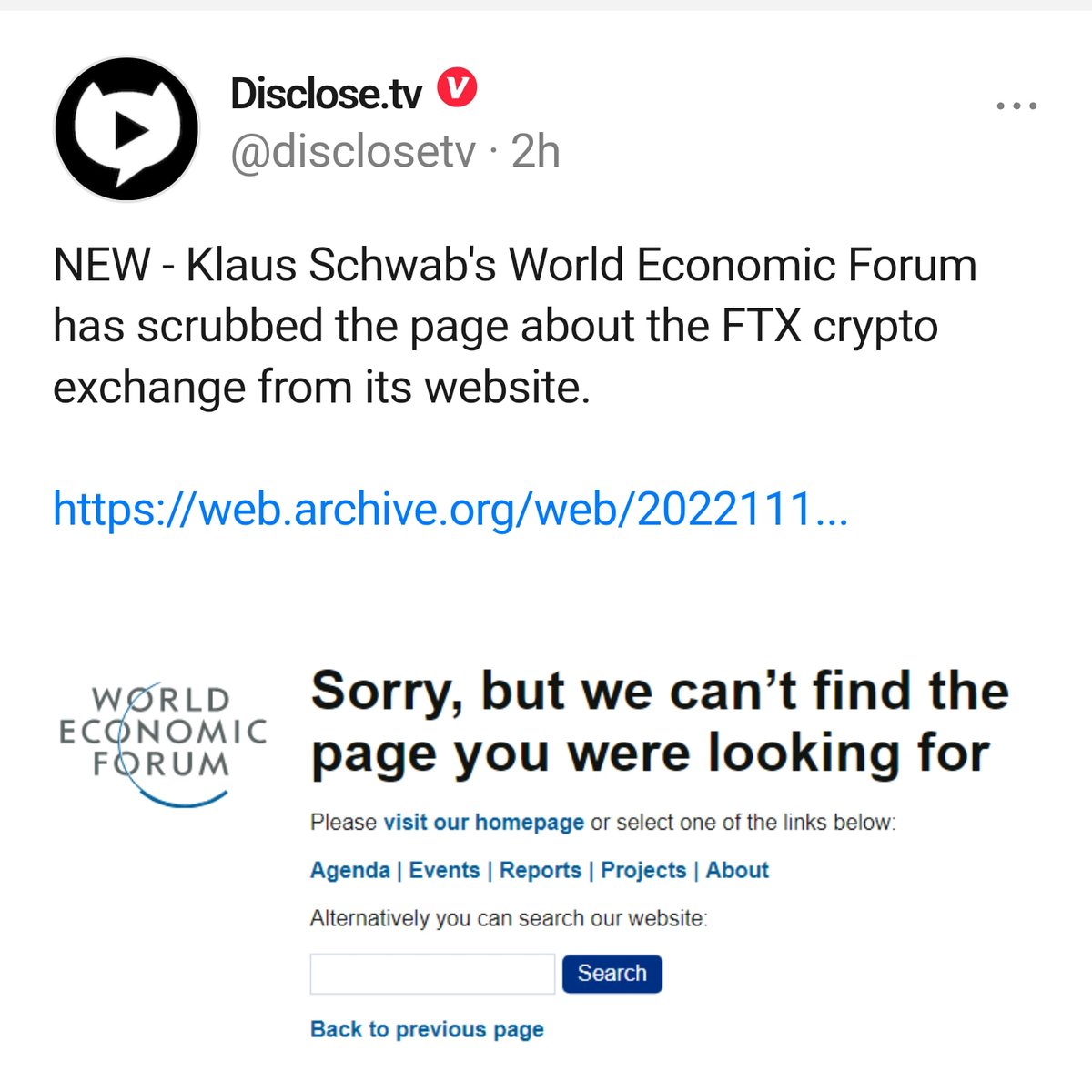 <a href="/elonmusk/">Elon Musk</a> Because, <a href="/elonmusk/">Elon Musk</a>, I have been posting this, trying to get your attention for you to denounce the <a href="/wef/">World Economic Forum</a>, just like they denounced their affiliation with <a href="/FTX_Official/">FTX</a> and <a href="/SBF_FTX/">SBF</a> 
---
#Musk #FTX #FTXScam #WEFpuppet #WEF #ElonMusk 
---
<a href="/disclosetv/">Disclose.tv</a> <a href="/GovRonDeSantis/">Ron DeSantis</a> <a href="/cwt_news/">Clown World Today</a>