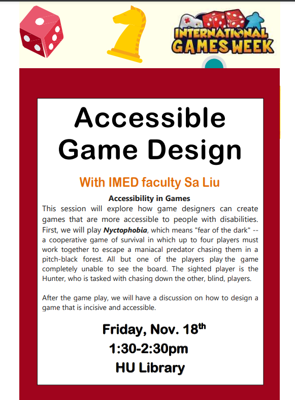 November is #InternationalGamesMonth, we will play #Nyctophobia and discuss how to design a #game that is #incisive and #accessible this Friday. Any suggestions or recommendations?