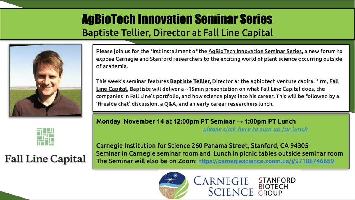 Happening soon! Join us for a fireside chat with <a href="/BaptisteTellier/">Baptiste</a>, Director at Fall Line Capital, an AgBiotech VC firm, about perspectives on science and investment trends in the space followed by lunch. See below (or DM us) for more details! Talk @ 12 pm, lunch @ 1 pm