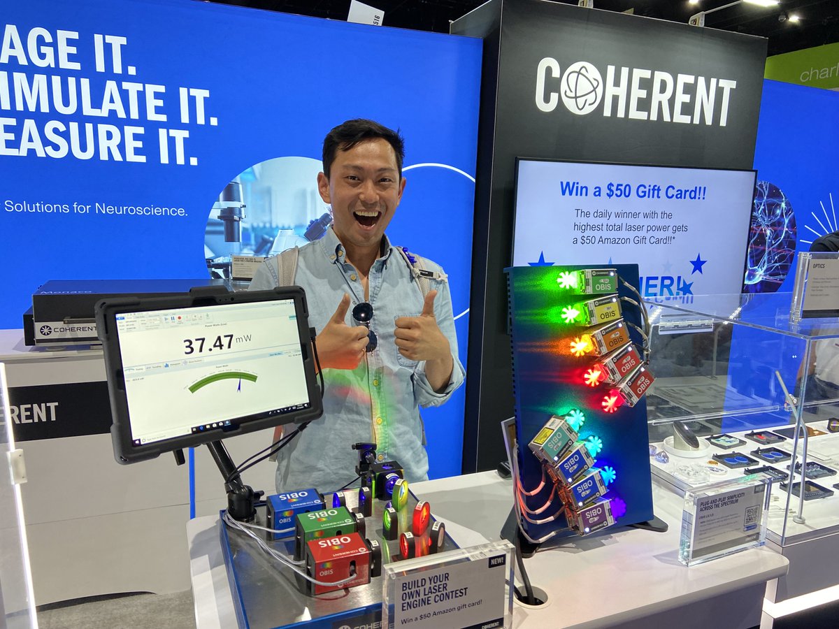 We have a winner! Highest score of the day with 37.47 mW. Congratulations Daniel Lee!

#SfN22 #BuildYourOwnLaserEngine #neuroscience #microscopy #laser