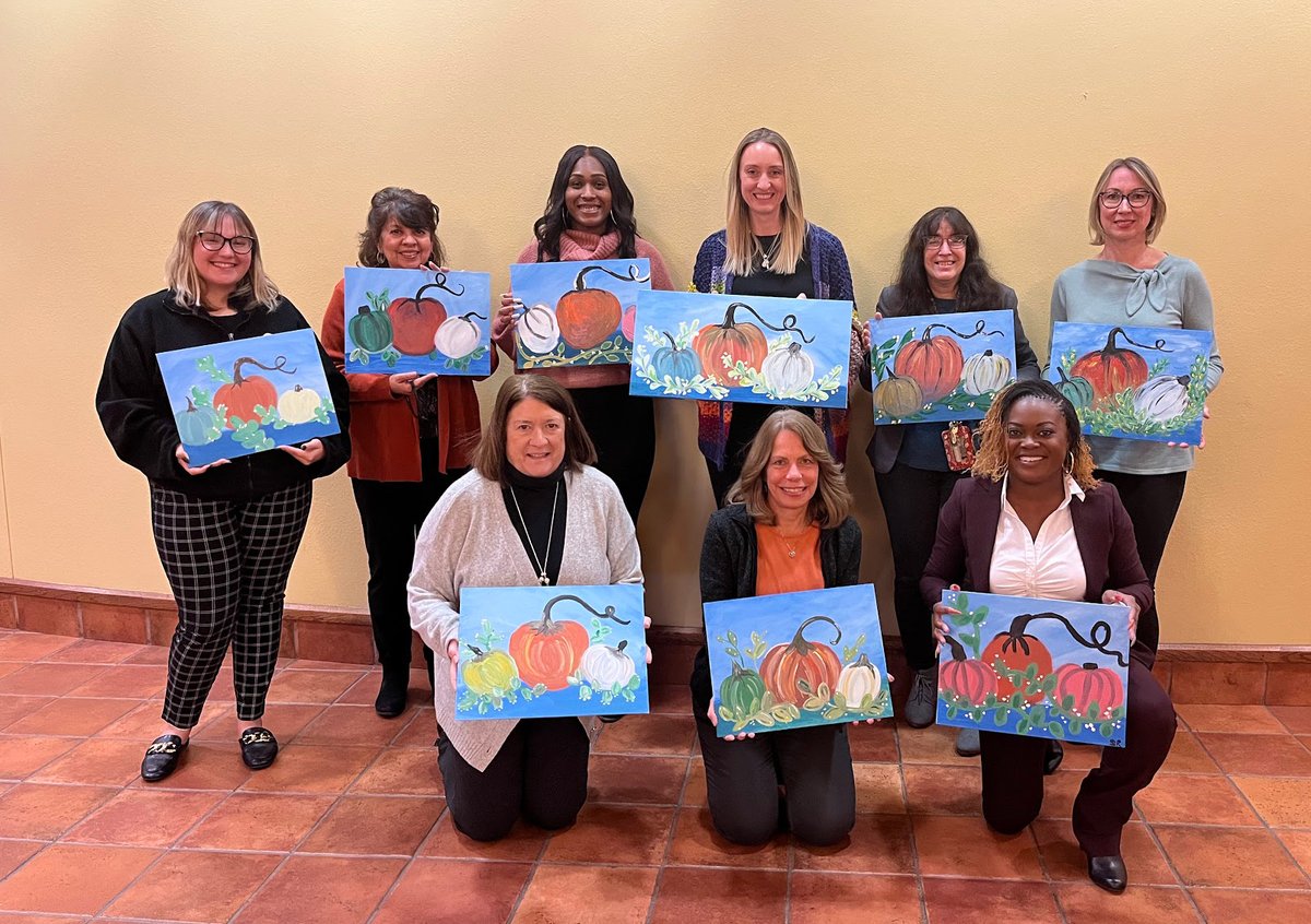 tristardesign's tweet photo. Led my 2nd #teambuilding #paintalong at work today, making canvases with pumpkins, greenery, and blue skies. We all had a blast! 🖼️ 🎨🖌 https://t.co/imXyGrSZH7
