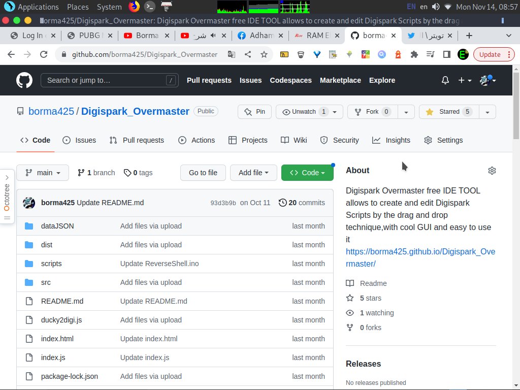 Digispark Overmaster free IDE TOOL allows to create and edit Digispark Scripts by the drag and drop technique,with cool GUI and easy to use it Online . github.com/borma425/Digis…