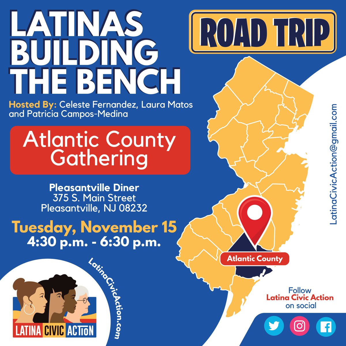 LatinaCivicAct's tweet photo. 📍 Our Latinas Building the Bench series will make its first stop in Atlantic County tomorrow, Tuesday, Nov. 15 from 4:30-6:30 pm.
Join Celeste Fernandez, @lauraematos, & @DrCamposMedina at Pleasantville Diner to support and develop the next generation of Latina leaders in #NJ. https://t.co/9luIWtxfqz