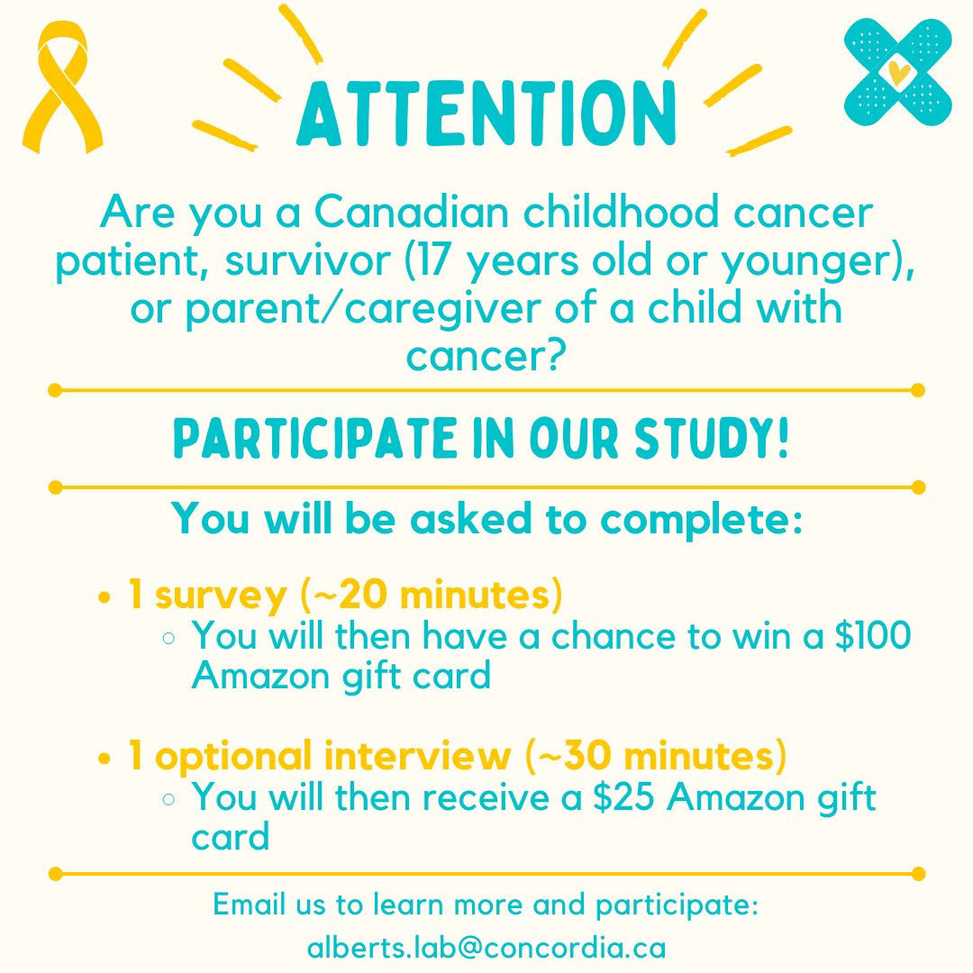 Are you a Canadian childhood cancer patient, survivor (17 years old or younger), or parent/caregiver of a child with cancer?

Participate in our study! 💫🎗️

📧Email us to learn more and participate at: alberts.lab@concordia.ca

#childhoodcancer🎗️#covid19 #cancercaregivers