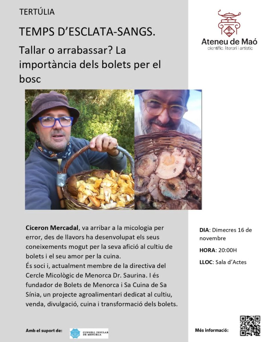 boletsdemenorca's tweet photo. 🍄Temps d'Esclatassangs. Tallar o arrabasar? La importància dels bolets pel bosc
📅Miércoles 16 de Noviembre, a las 20.00h
📍Salón de Actos del Ateneu de Mahón
💯Actividad interesante y didáctica que toda persona aficionada a las setas debería escuchar.

¡No te lo puedes perder! https://t.co/RUexYCzDaC